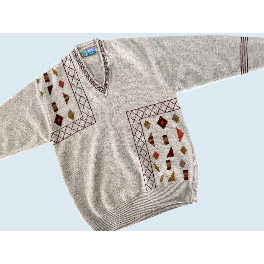 Vintage BARCLAY V Neck Tan Cream Wool Sweater 70s / 80s Sz M